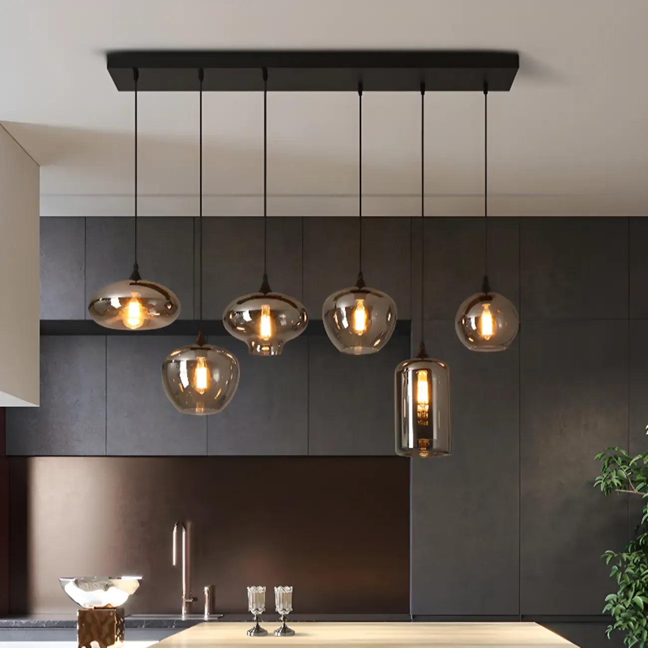 Suspension moderne en verre gris pour îlot de cuisine