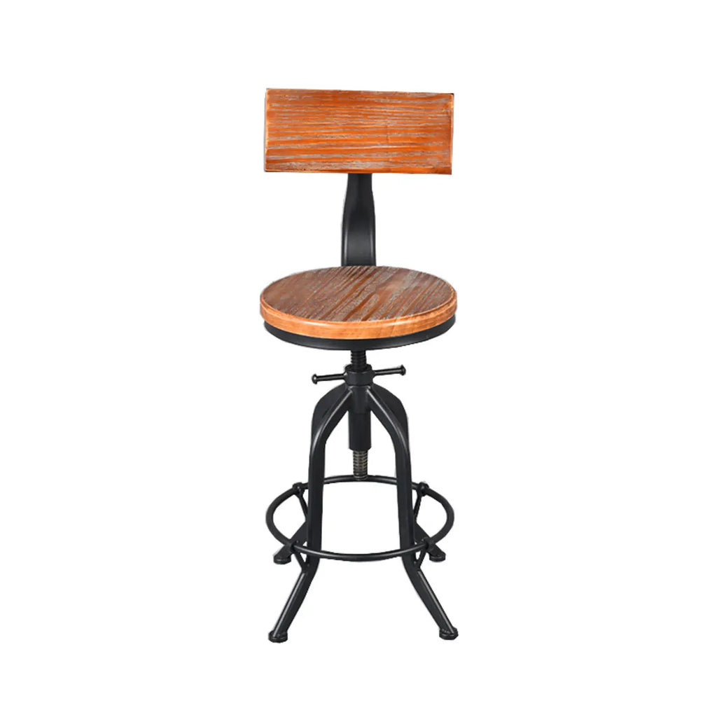 Tabourets de bar industriels ronds réglables en bois et métal avec dossier