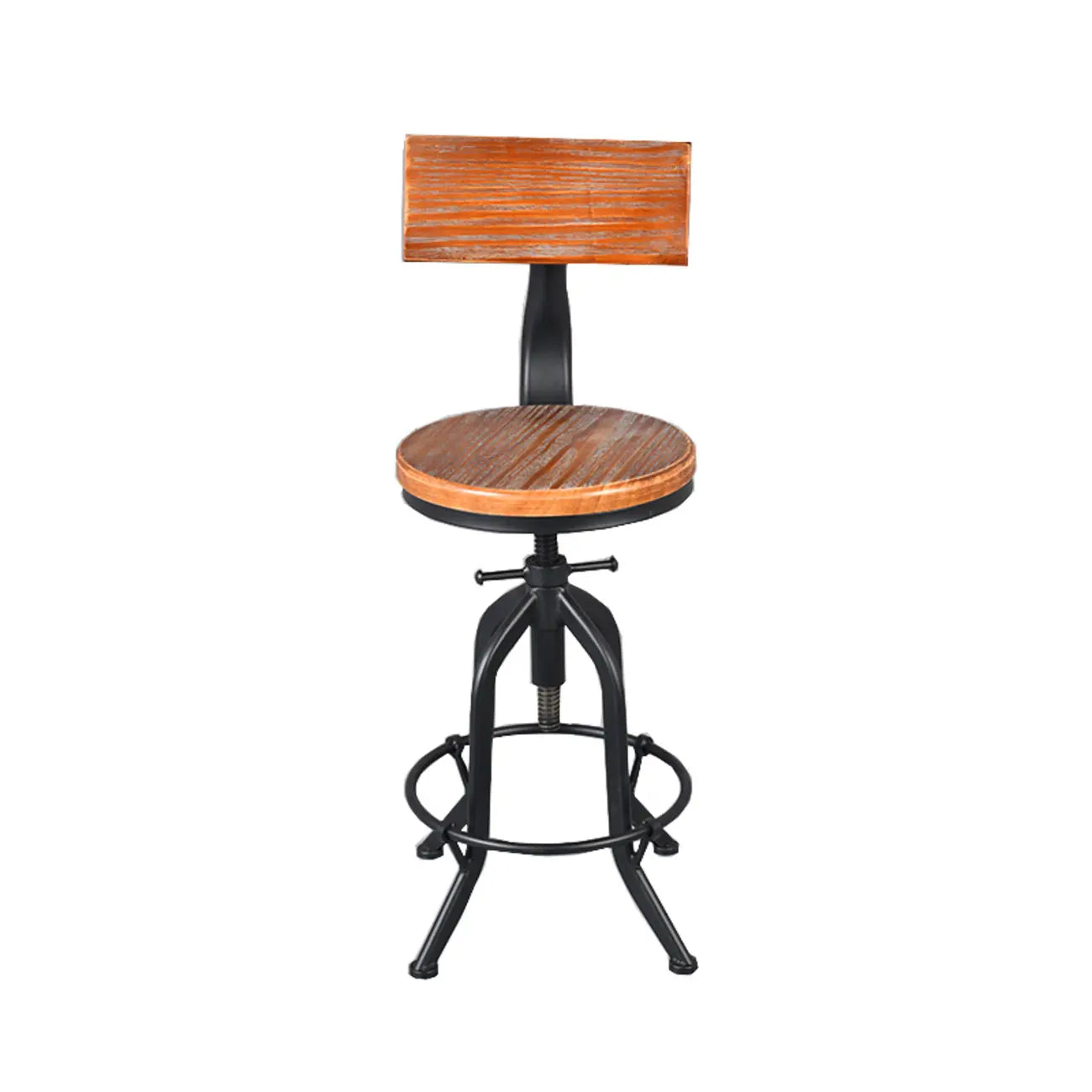 Tabourets de bar industriels ronds réglables en bois et métal avec dossier