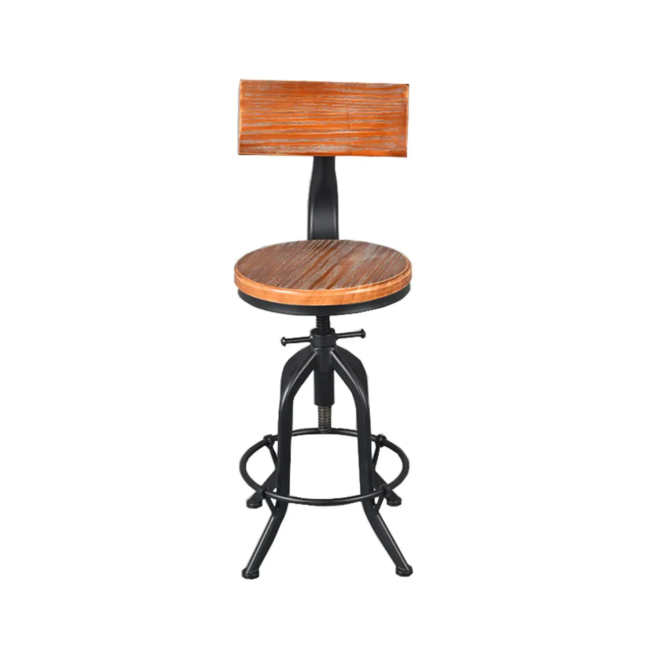 Tabourets de bar industriels ronds réglables en bois et métal avec dossier