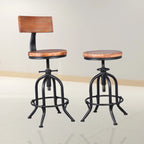 Tabourets de bar industriels ronds réglables en bois et métal avec dossier