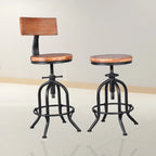 Tabourets de bar industriels ronds réglables en bois et métal avec dossier