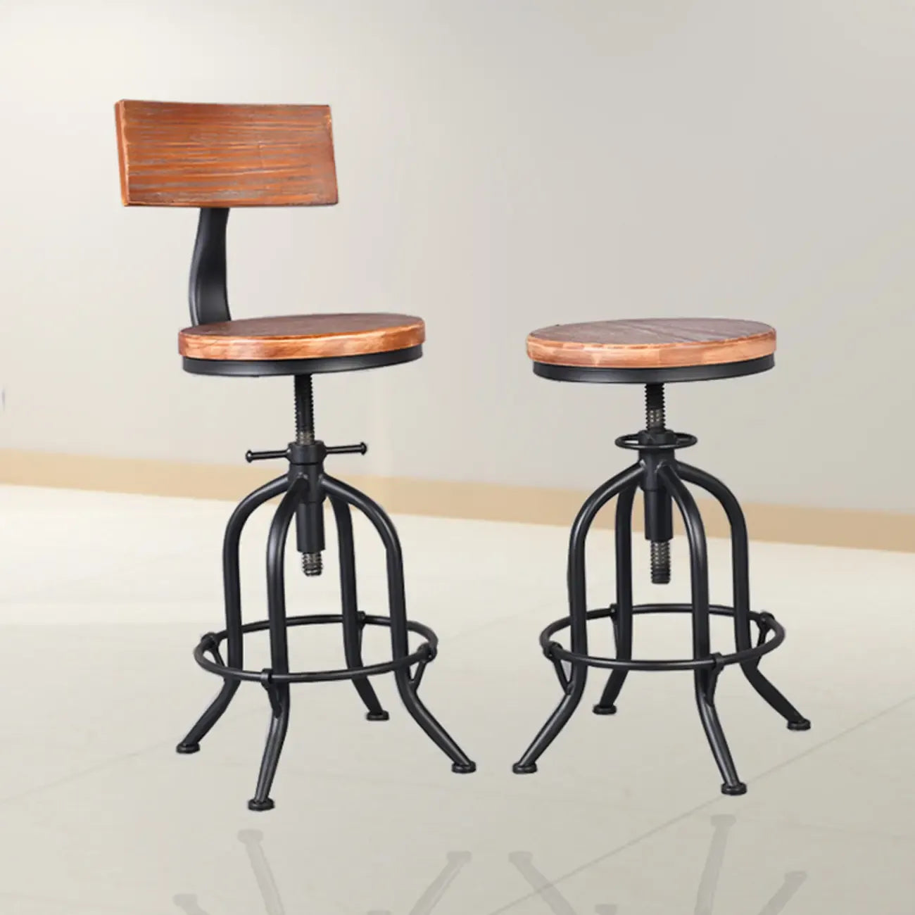 Tabourets de bar industriels ronds réglables en bois et métal avec dossier