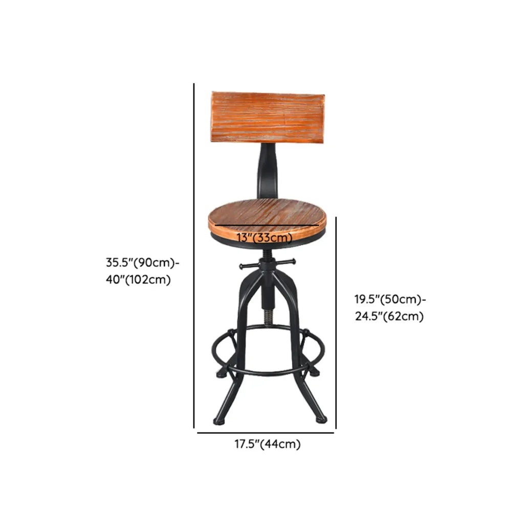 Tabourets de bar industriels ronds réglables en bois et métal avec dossier