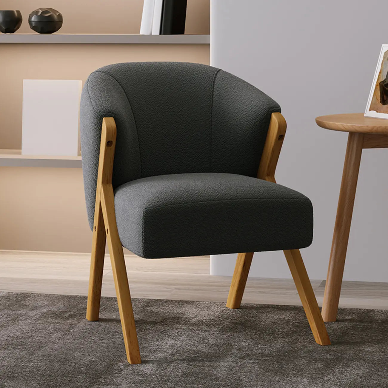 Fauteuil d'appoint en tissu gris glamour avec pieds en bois pour salon