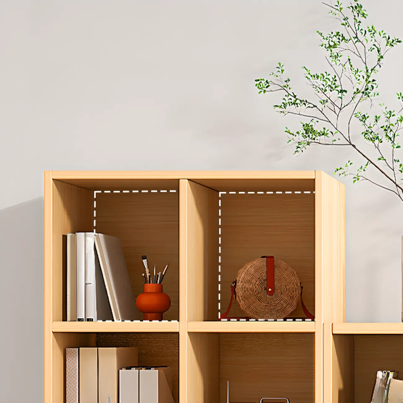 Bibliothèque rectangulaire horizontale en bois naturel à plusieurs cubes