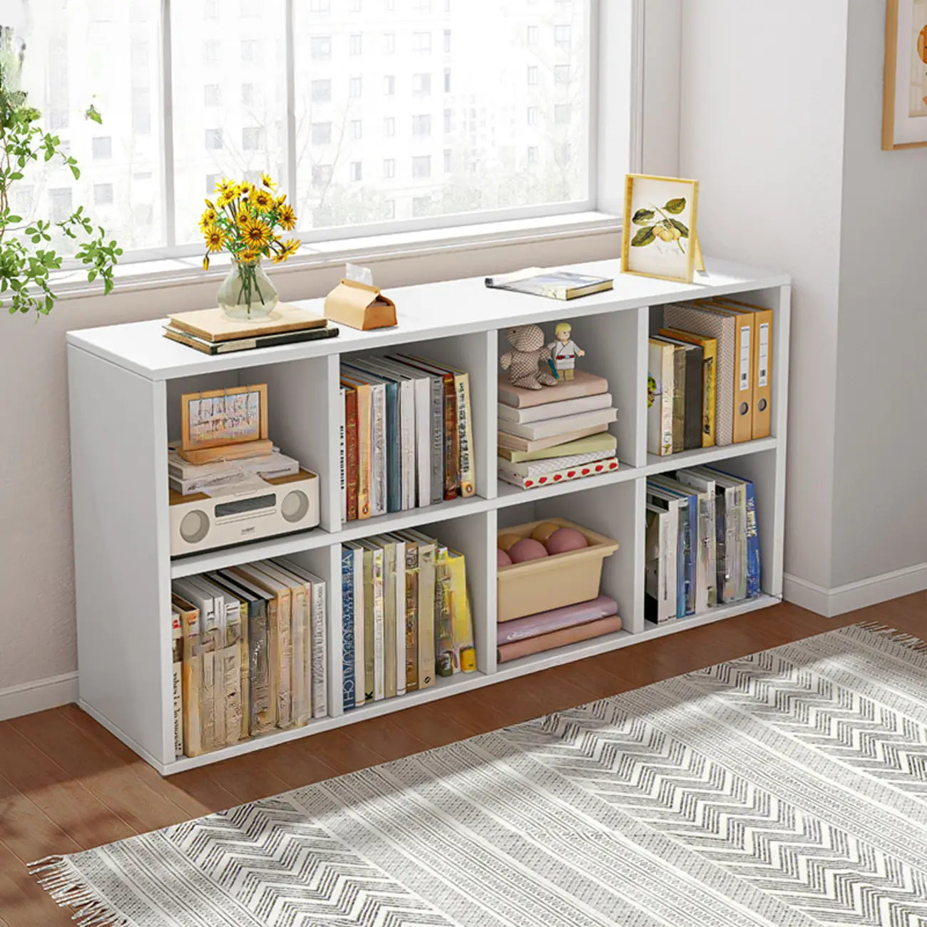 Bibliothèque rectangulaire horizontale en bois naturel à plusieurs cubes