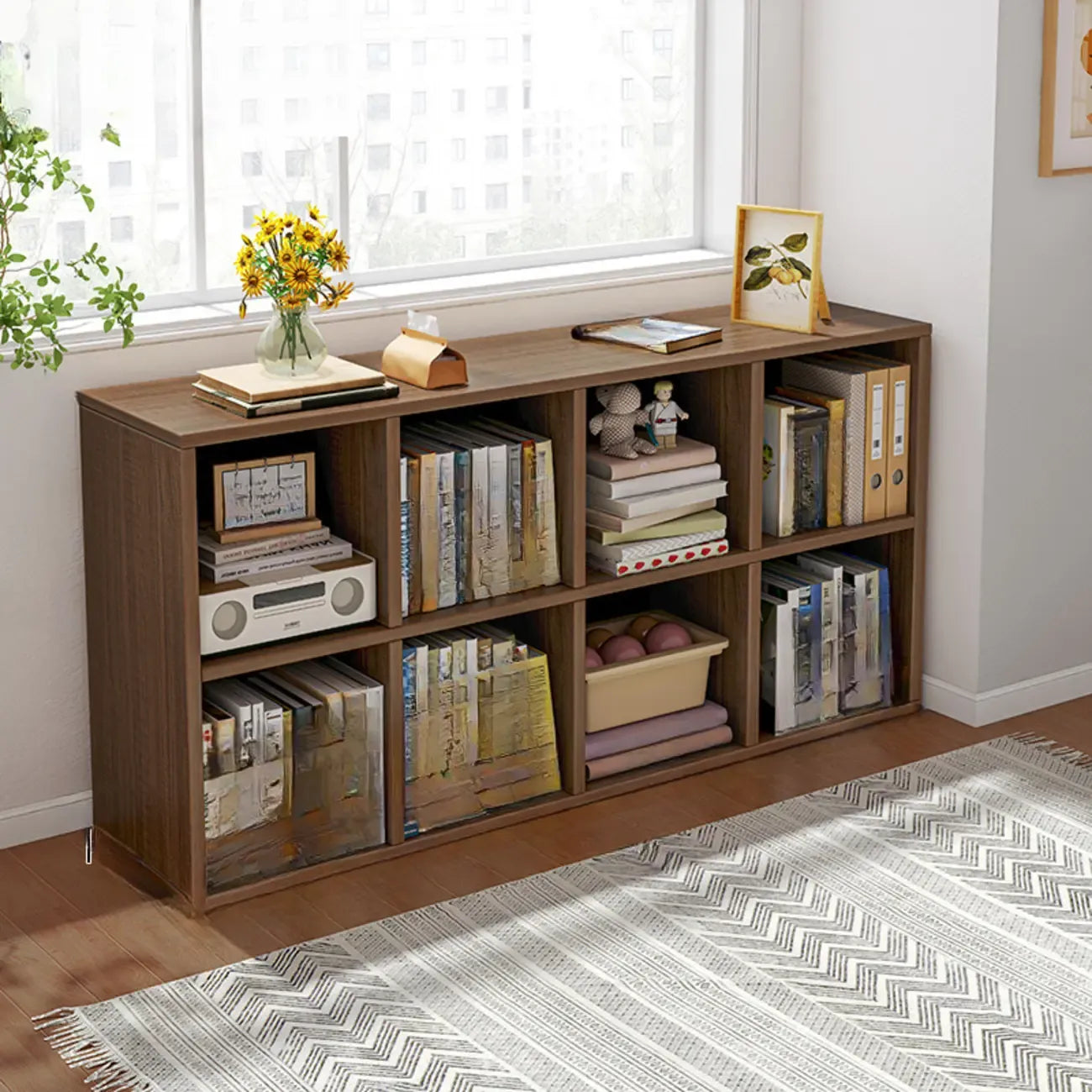 Bibliothèque rectangulaire horizontale en bois naturel à plusieurs cubes