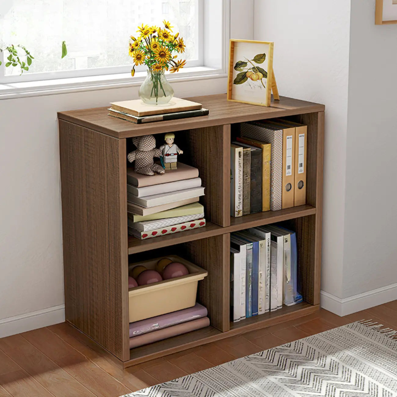 Bibliothèque rectangulaire horizontale en bois naturel à plusieurs cubes