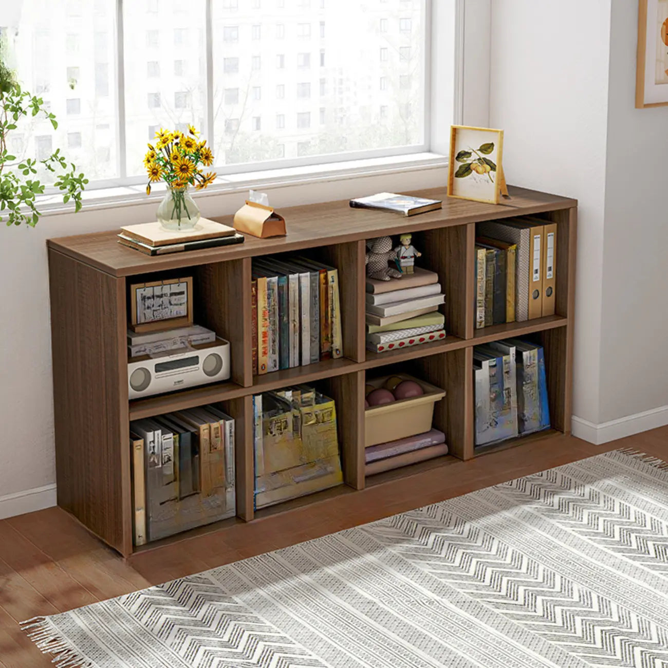 Bibliothèque rectangulaire horizontale en bois naturel à plusieurs cubes