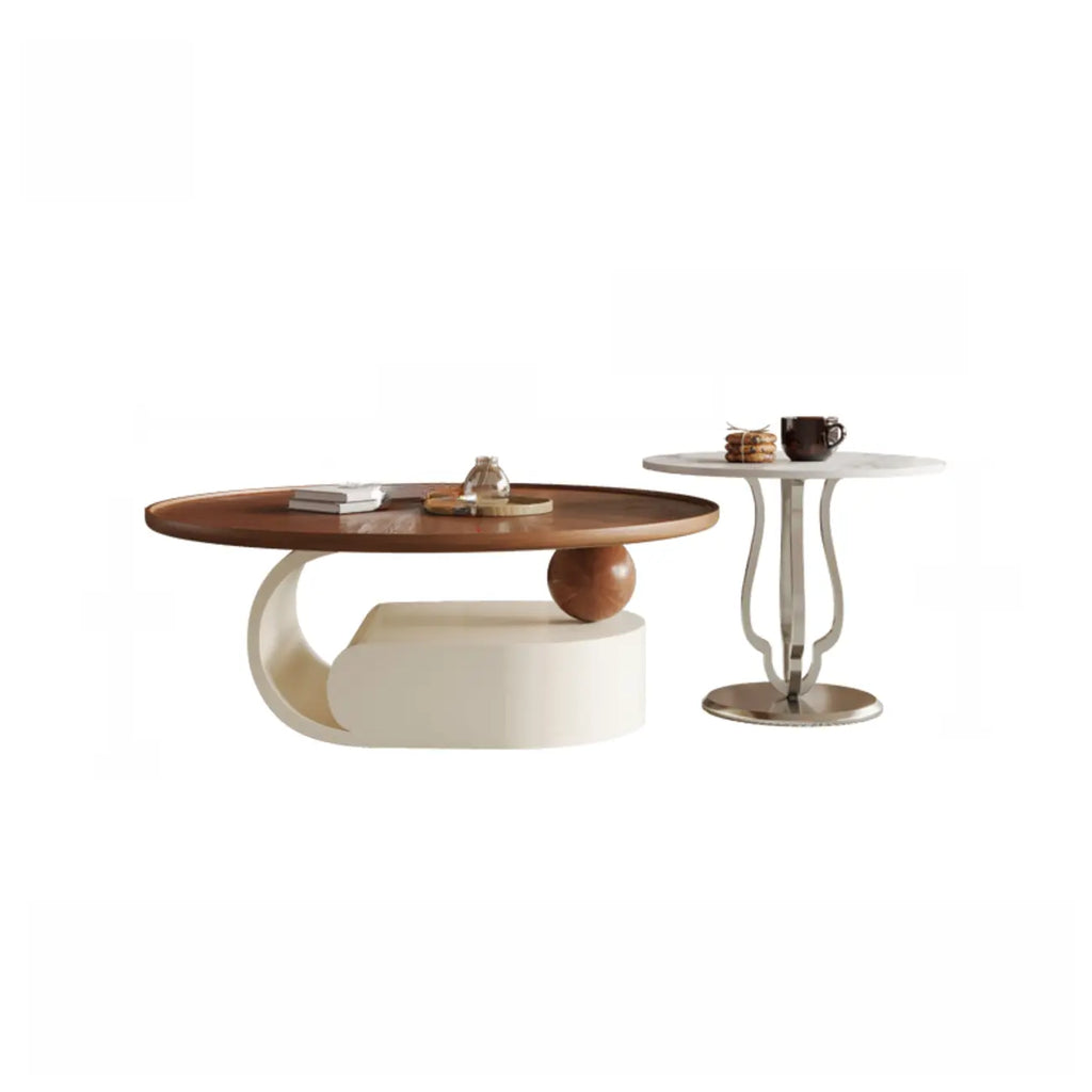 Table basse ronde gigogne avec piètement en métal et tiroirs en bois brun