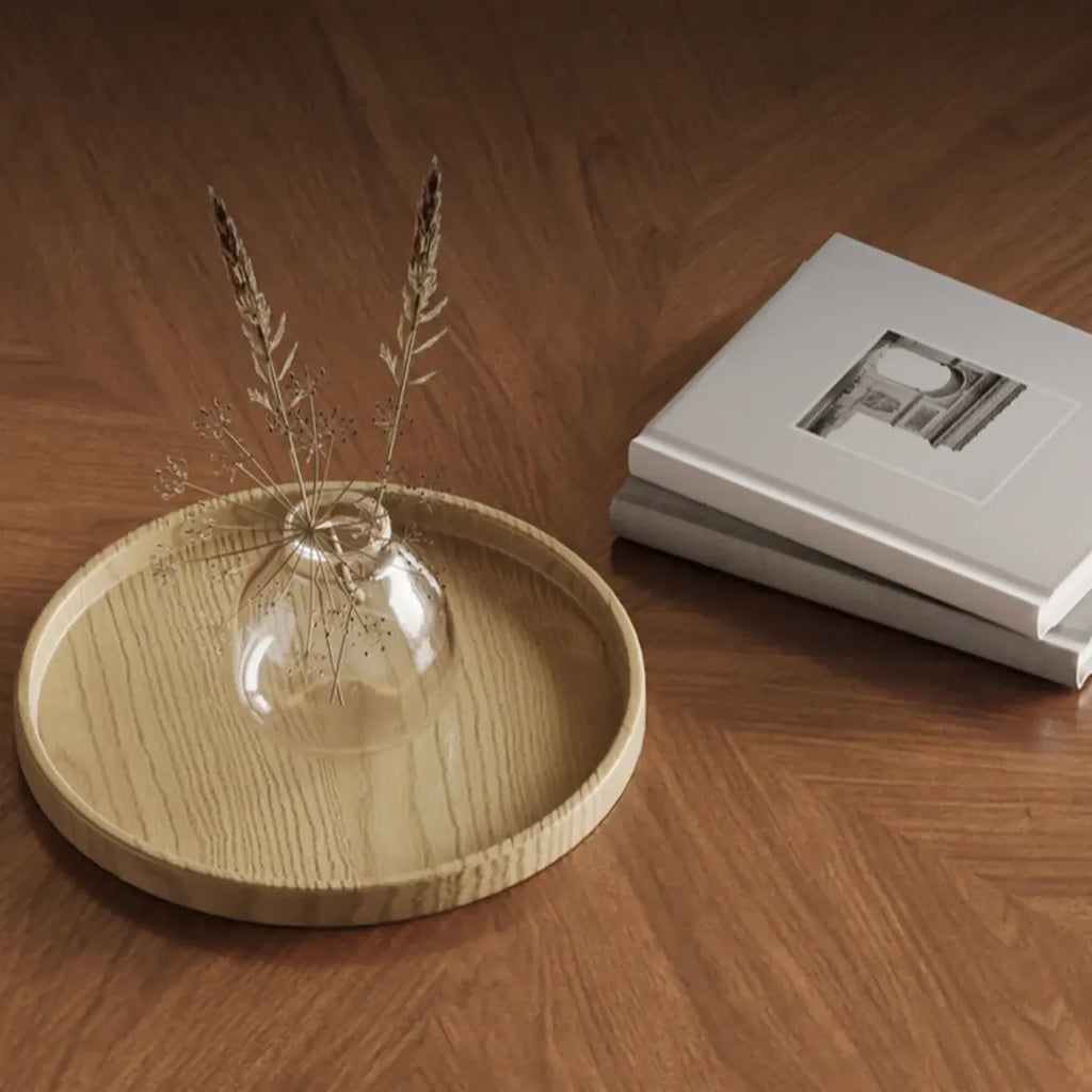Table basse ronde gigogne avec piètement en métal et tiroirs en bois brun