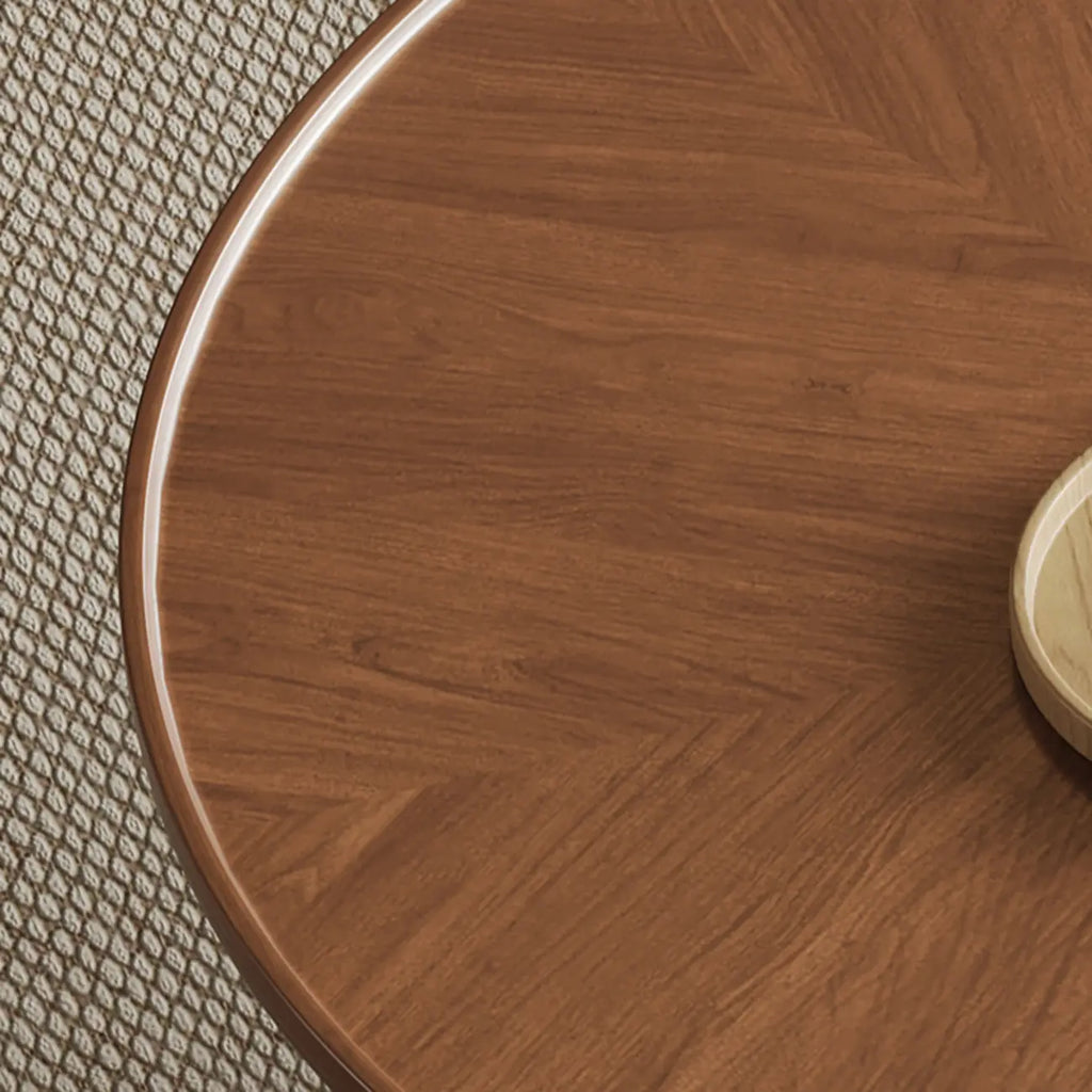 Table basse ronde gigogne avec piètement en métal et tiroirs en bois brun