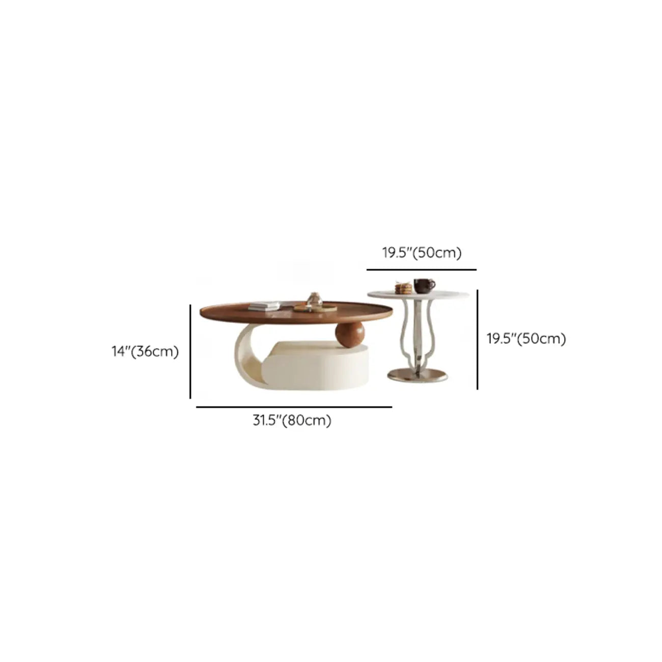 Table basse ronde gigogne avec piètement en métal et tiroirs en bois brun