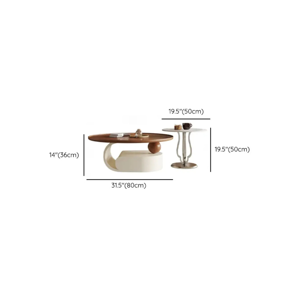 Table basse ronde gigogne avec piètement en métal et tiroirs en bois brun