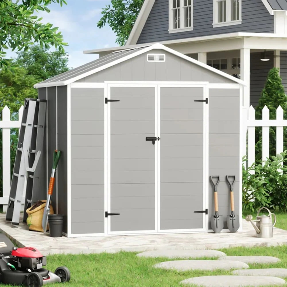 Abri de jardin en résine plastique tout temps avec plancher, dimensions : 1,83 m x 1,22 m / 1,83 m x 2,44 m / 2,44 m x 1,83 m / 2,44 m x 3,05 m.