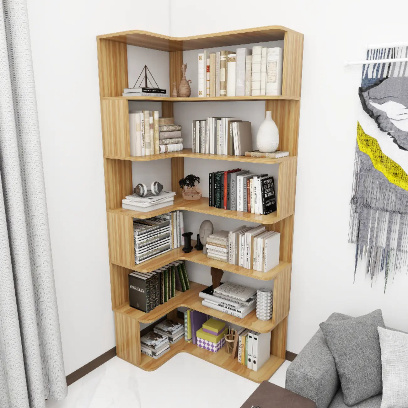 Bibliothèque d'angle en bois composite à 6 étagères