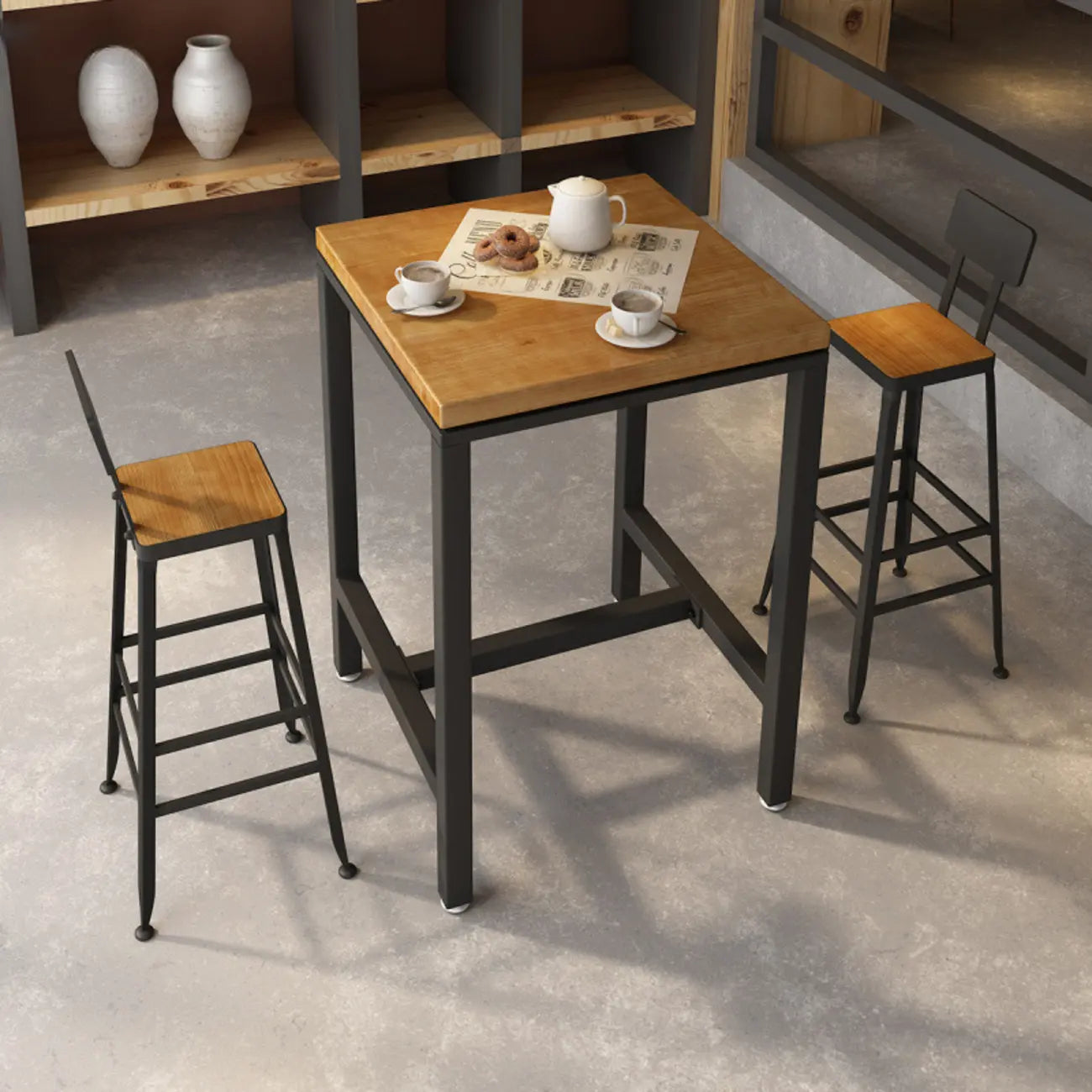 Table haute de bar de style industriel avec plateau en bois et repose-pieds pour les repas