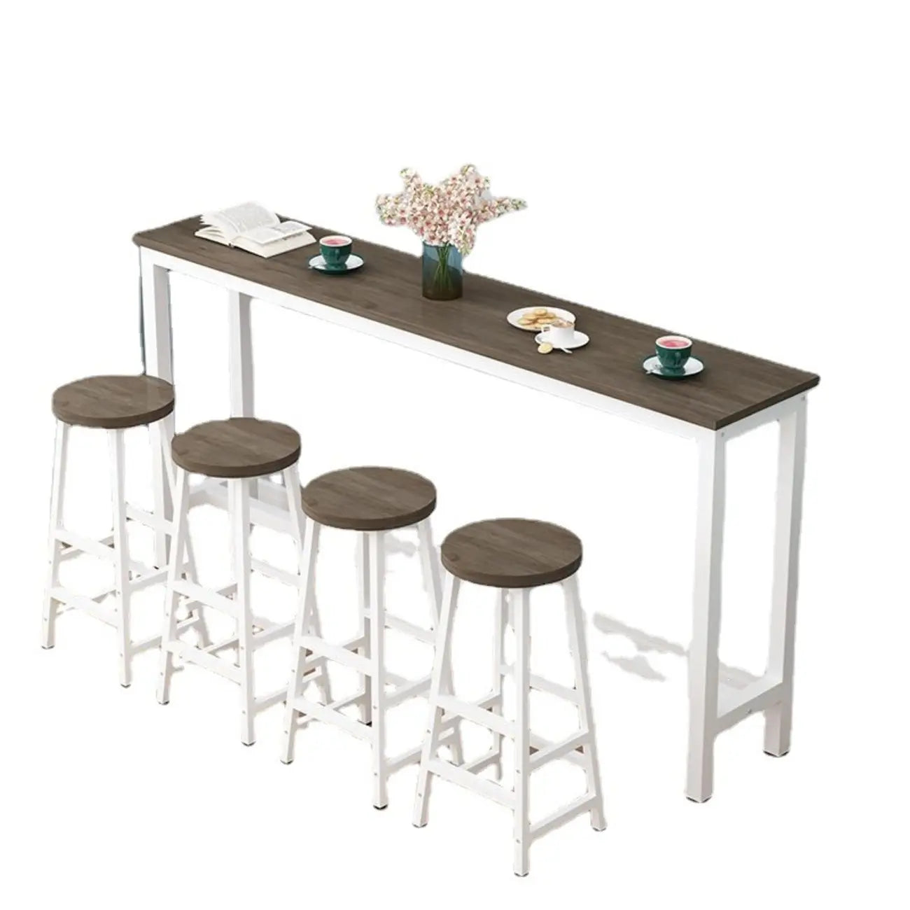 Tables de bar rectangulaires grises en bois et métal avec repose-pieds