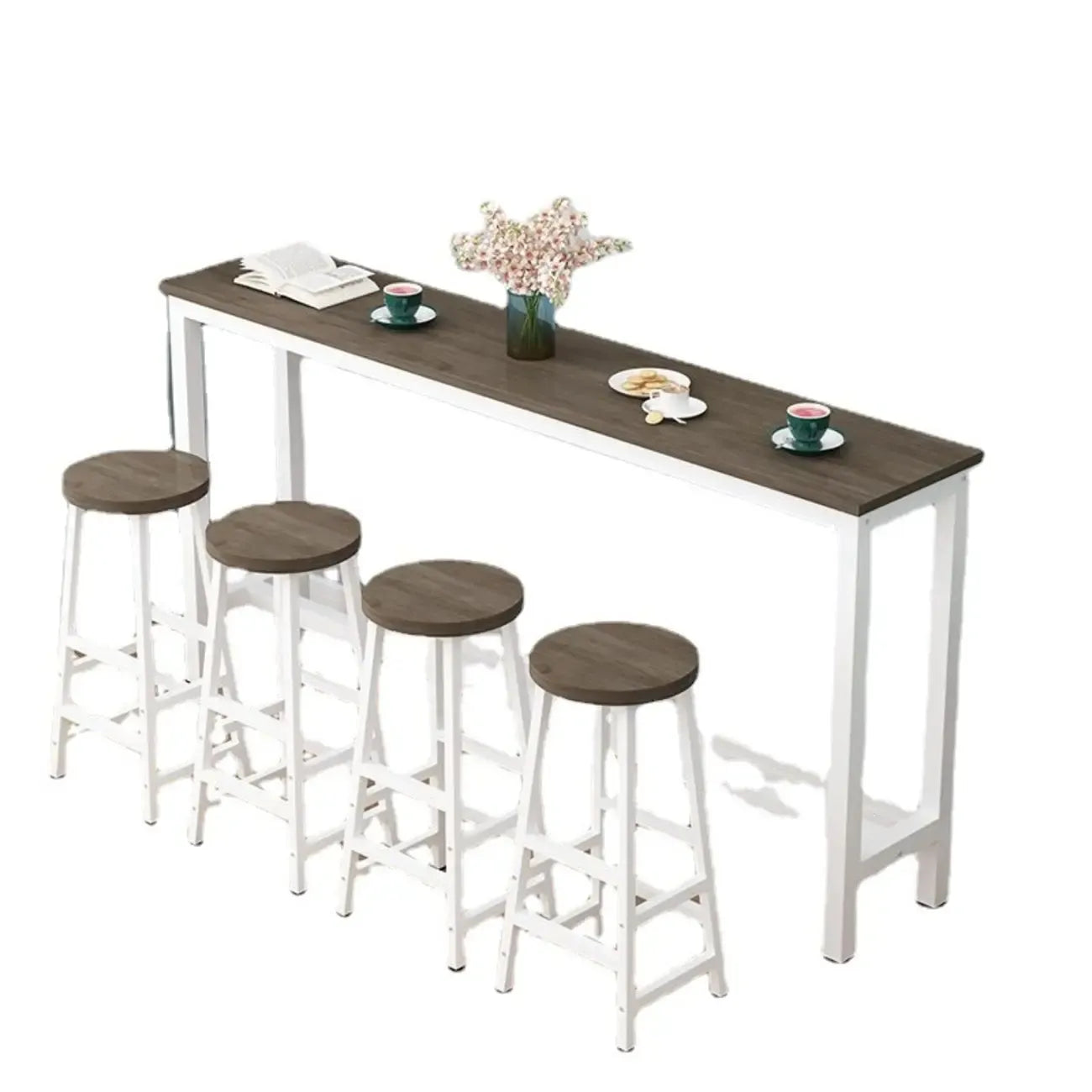 Tables de bar rectangulaires grises en bois et métal avec repose-pieds
