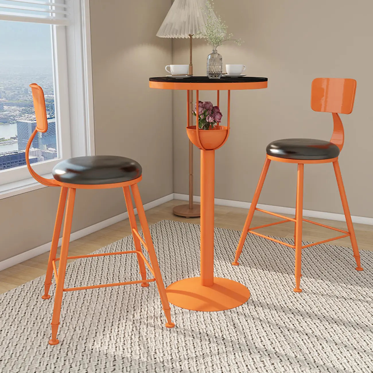 Tables de bar modernes noires et oranges à étagères sphériques