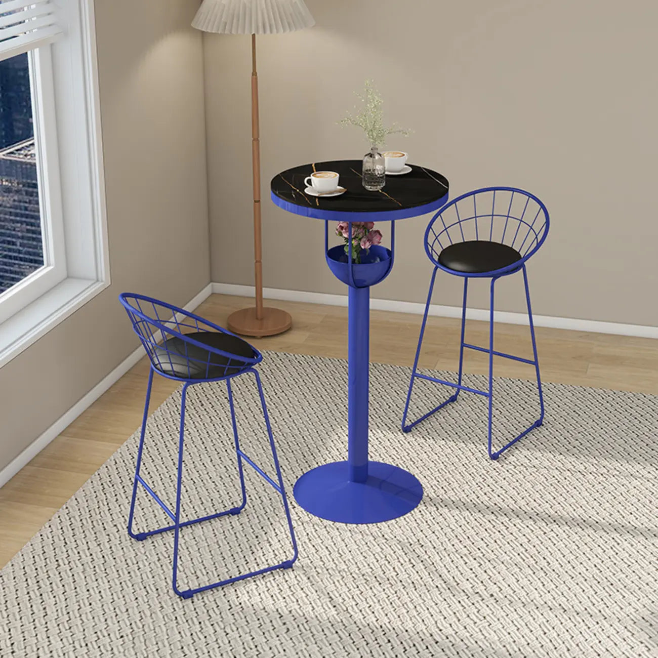 Tables de bar modernes noires et oranges à étagères sphériques