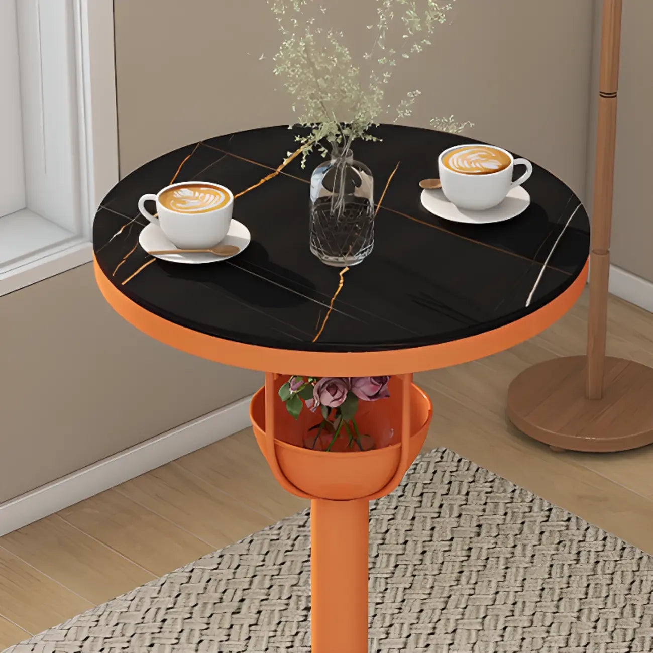 Tables de bar modernes noires et oranges à étagères sphériques