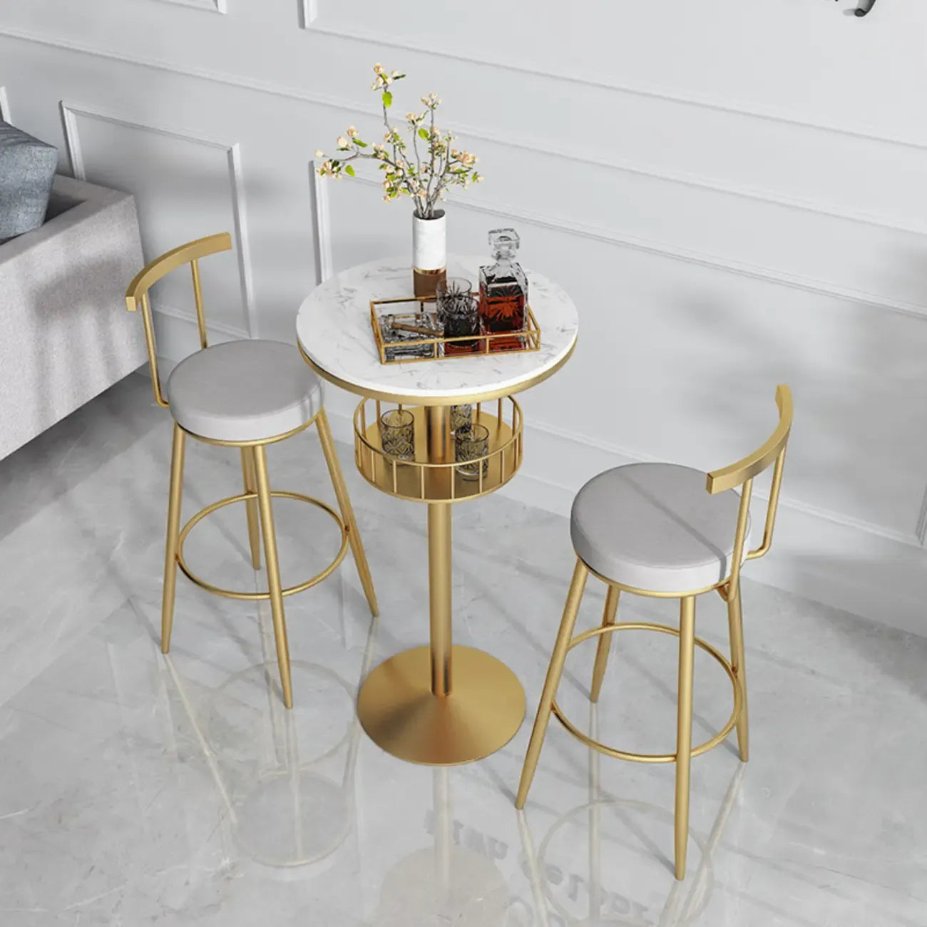 Table de bar ronde glamour en marbre doré avec étagère inférieure