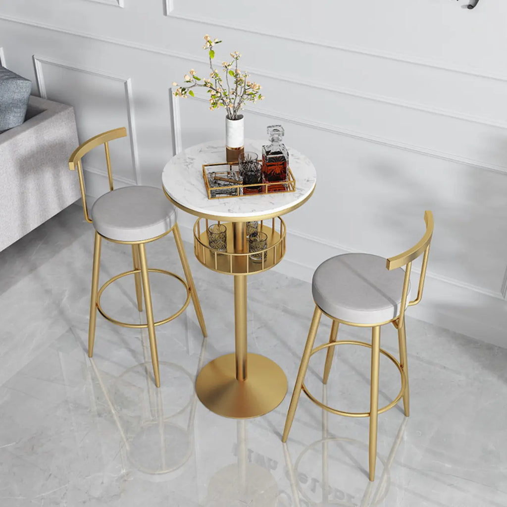Table de bar ronde glamour en marbre doré avec étagère inférieure