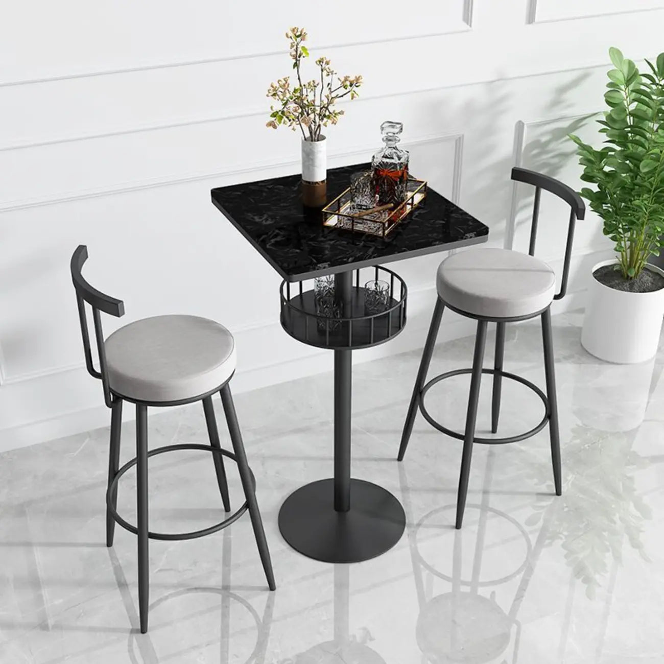 Table de bar ronde glamour en marbre doré avec étagère inférieure