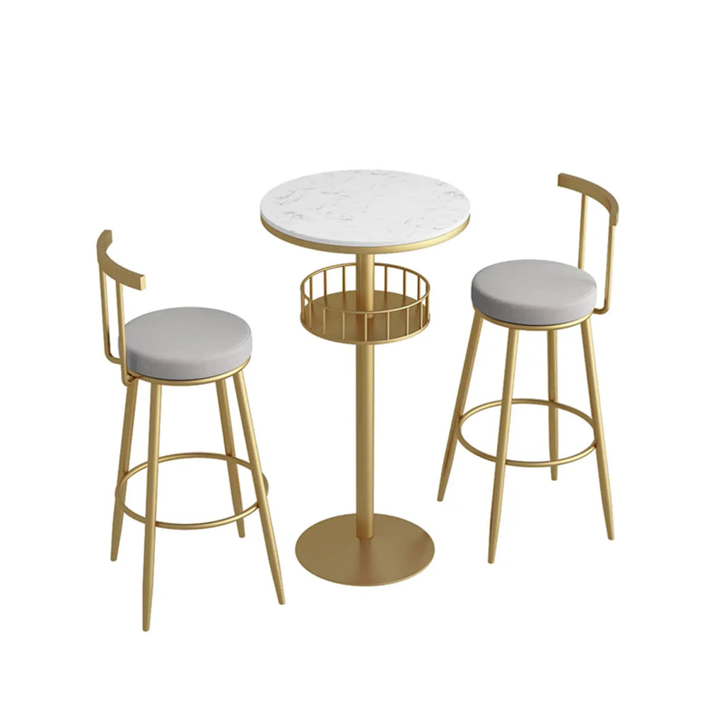 Table de bar ronde glamour en marbre doré avec étagère inférieure