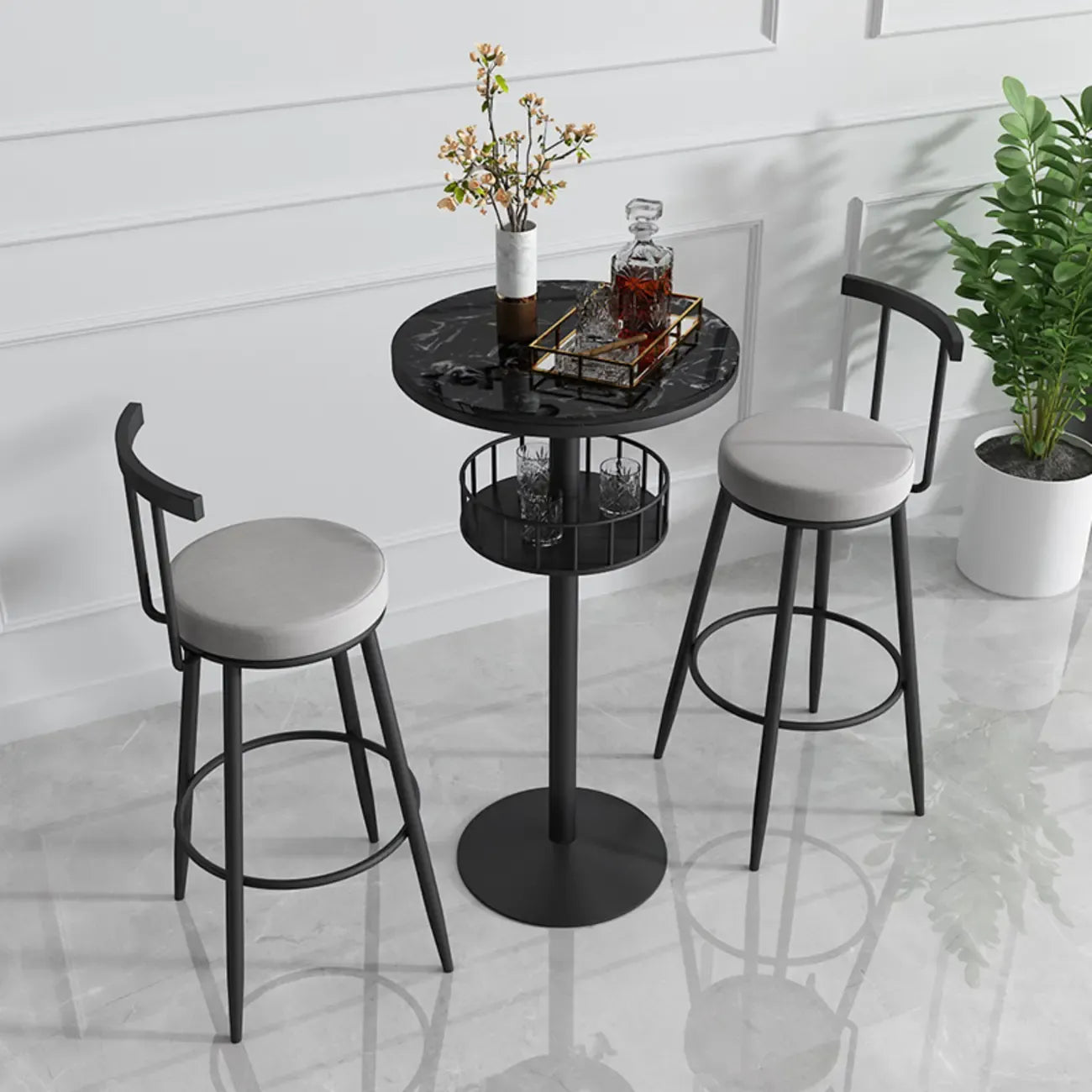 Table de bar ronde glamour en marbre doré avec étagère inférieure