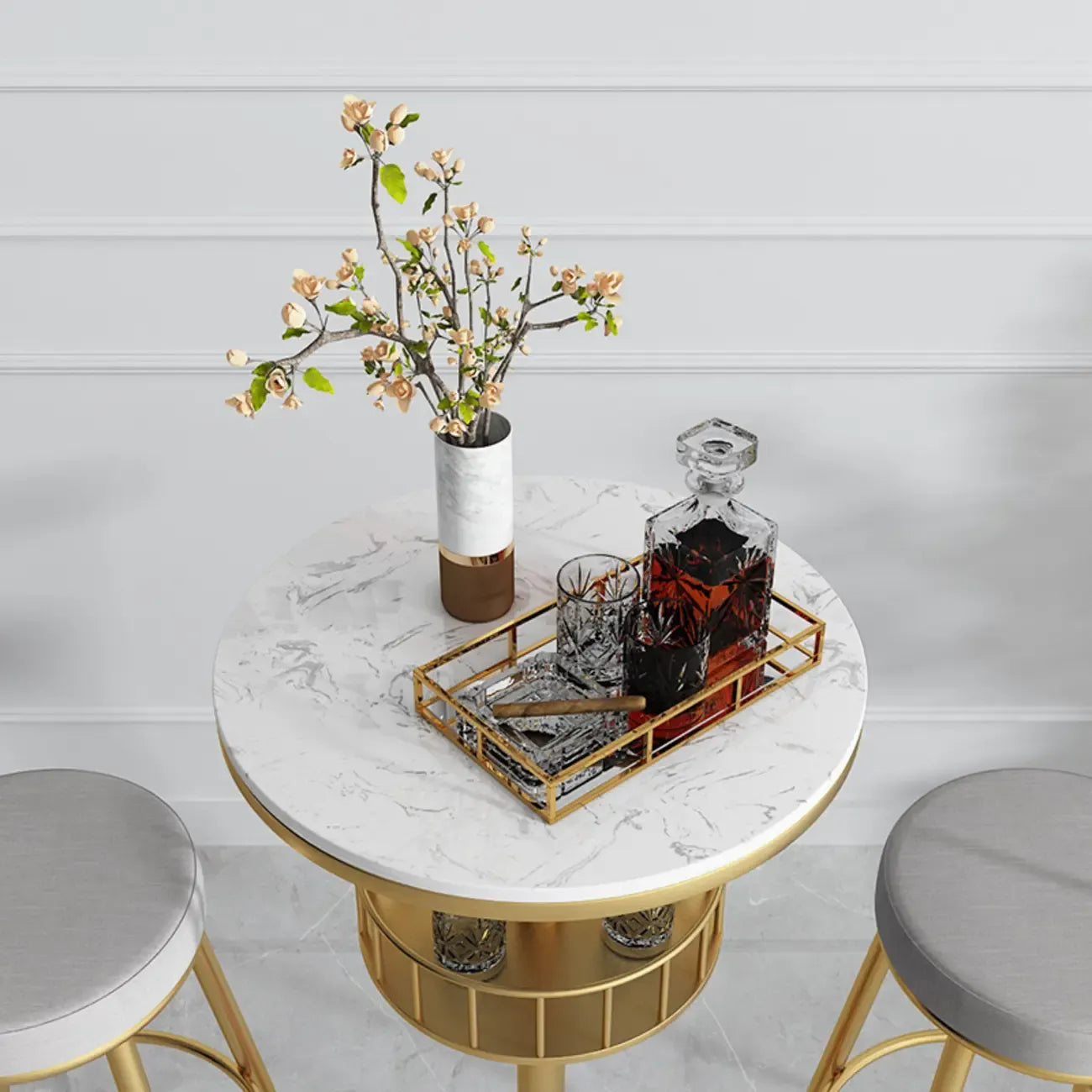 Table de bar ronde glamour en marbre doré avec étagère inférieure