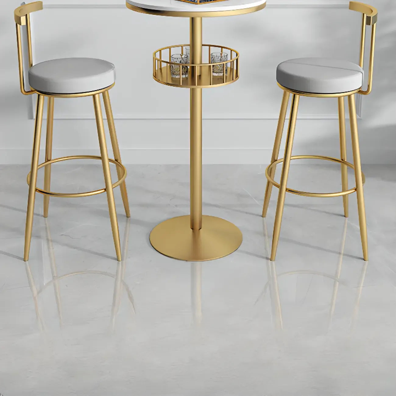 Table de bar ronde glamour en marbre doré avec étagère inférieure