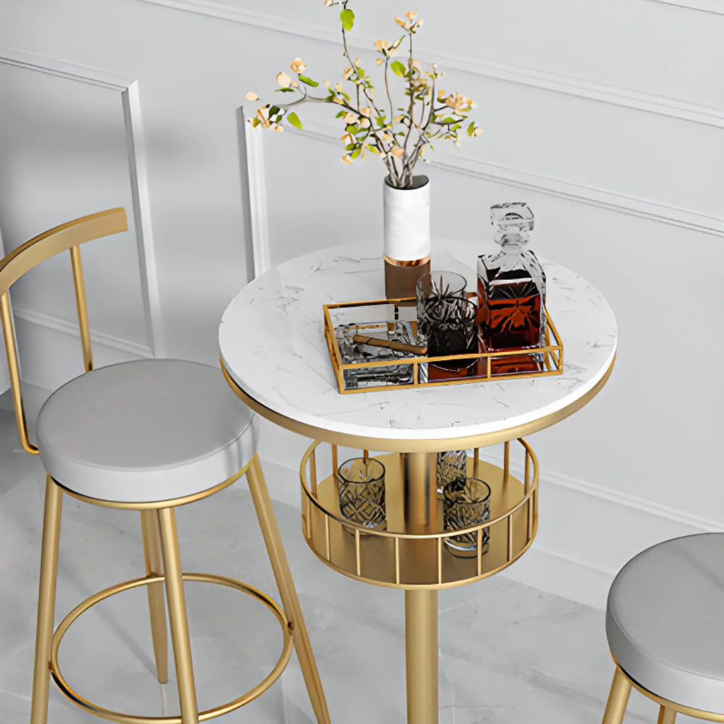 Table de bar ronde glamour en marbre doré avec étagère inférieure