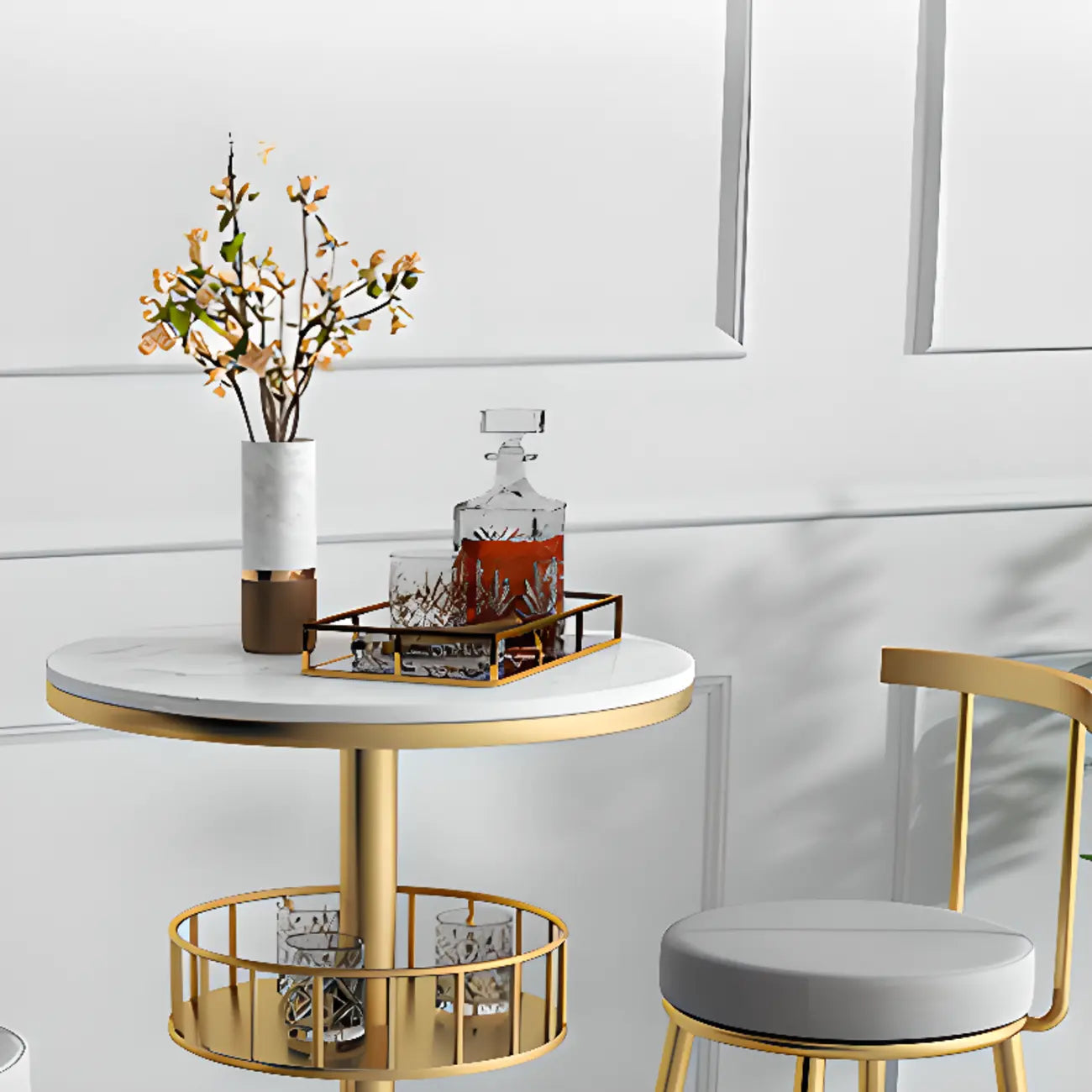Table de bar ronde glamour en marbre doré avec étagère inférieure