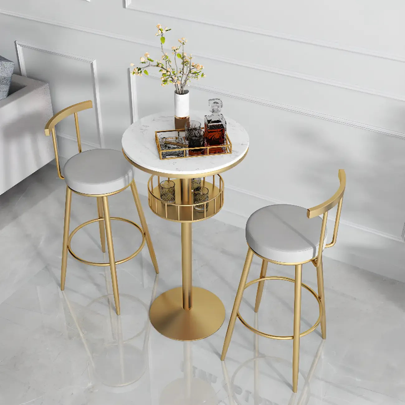 Table de bar ronde glamour en marbre doré avec étagère inférieure