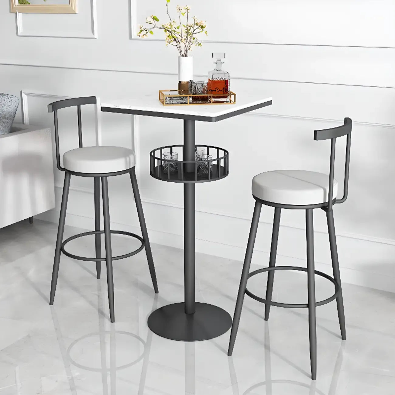 Table de bar ronde glamour en marbre doré avec étagère inférieure