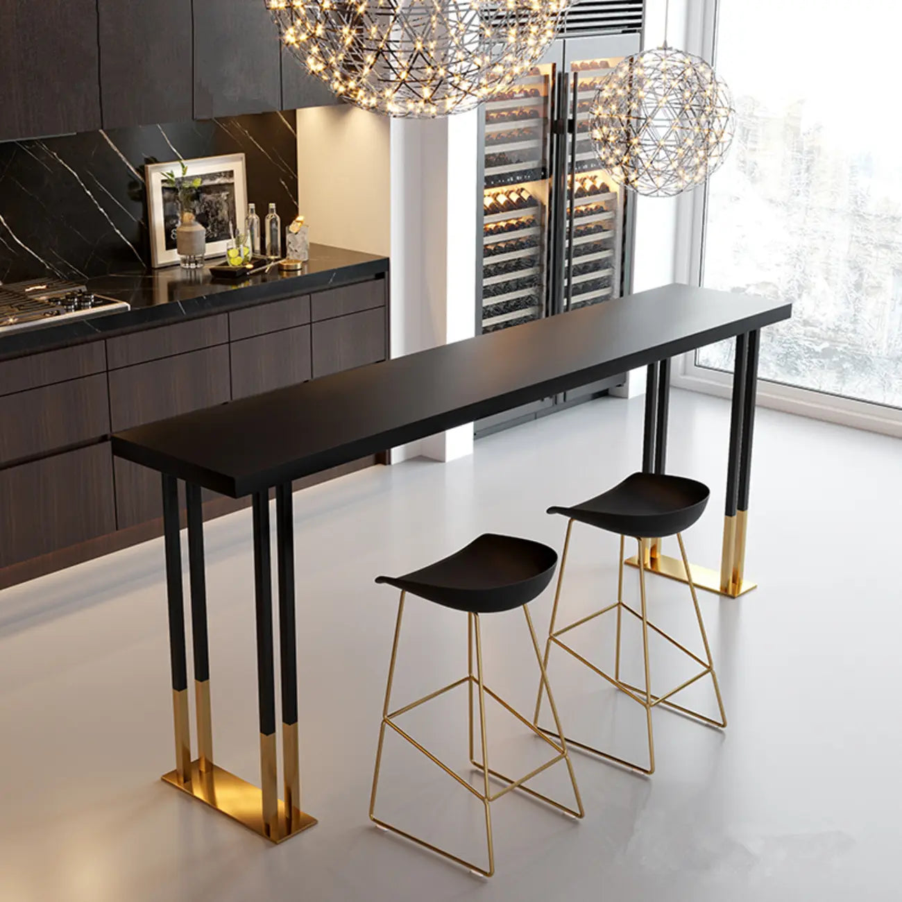 Table de bar rectangulaire de luxe en bois avec piètement traîneau doré pour salle à manger
