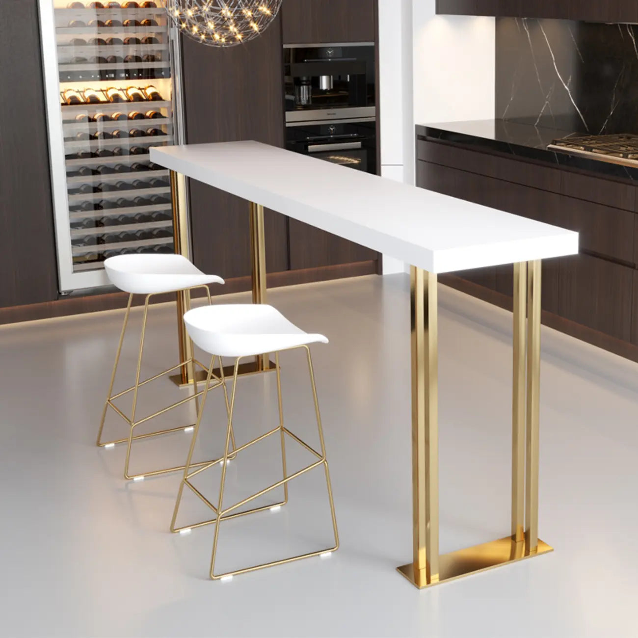 Table de bar rectangulaire de luxe en bois avec piètement traîneau doré pour salle à manger