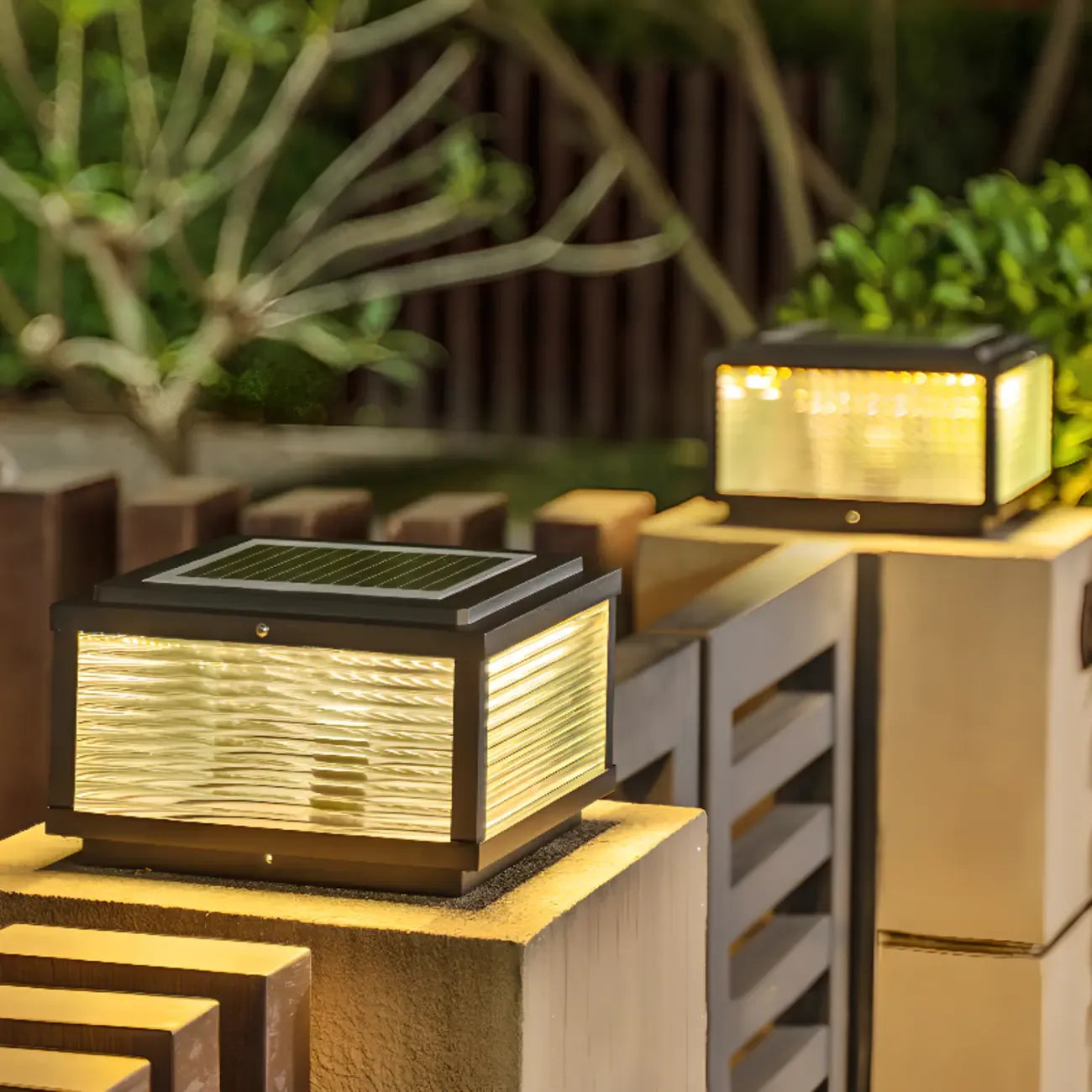 Lampes solaires carrées d'extérieur à rayures métalliques noires