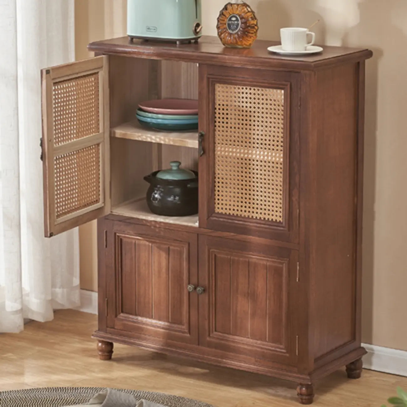 Armoire de rangement classique indépendante en bois massif blanc et osier