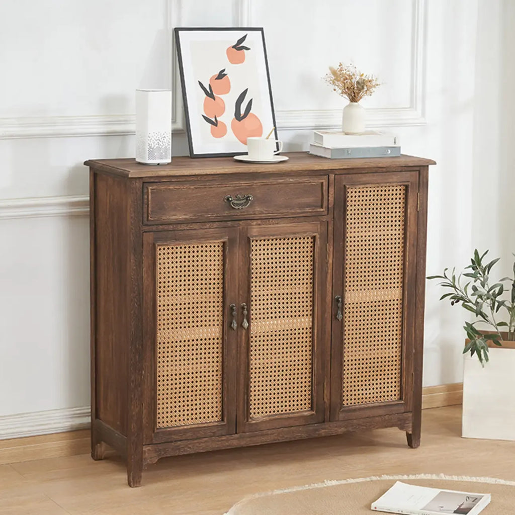 Armoire de rangement classique indépendante en bois massif blanc et osier