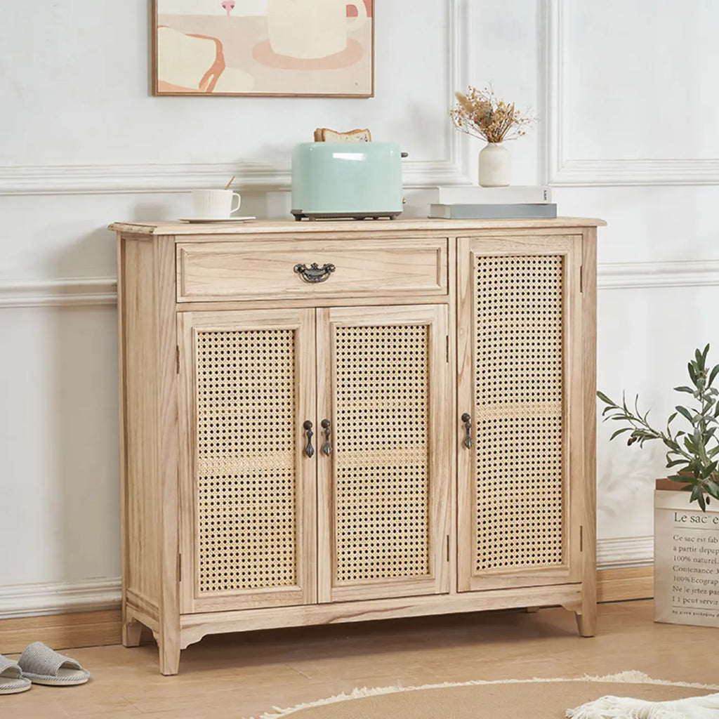 Armoire de rangement classique indépendante en bois massif blanc et osier