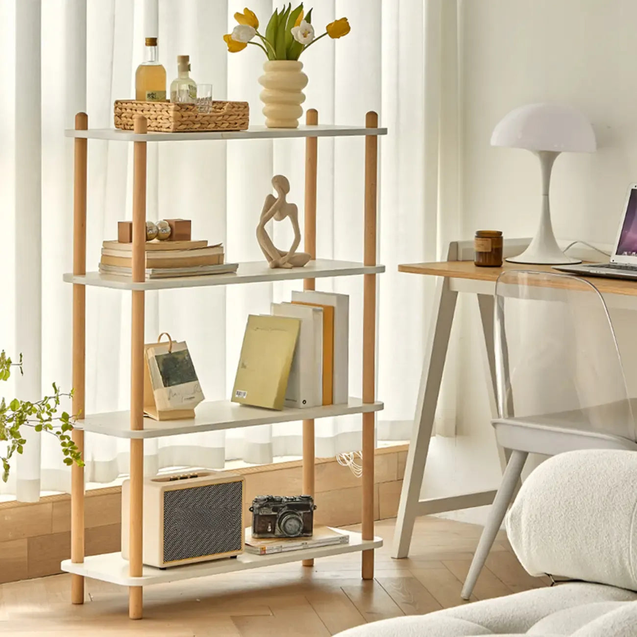 Étagère rectangulaire en bois à 4 niveaux avec dos ouvert