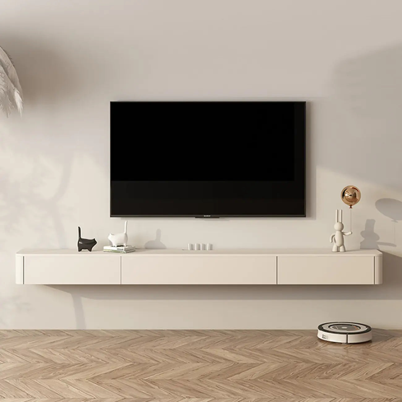Mobile TV galleggiante lungo 71, colore bianco sporco, con gestione cavi in legno