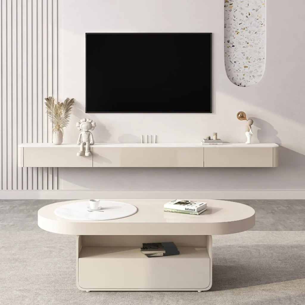 Mobile TV galleggiante lungo 71, colore bianco sporco, con gestione cavi in legno
