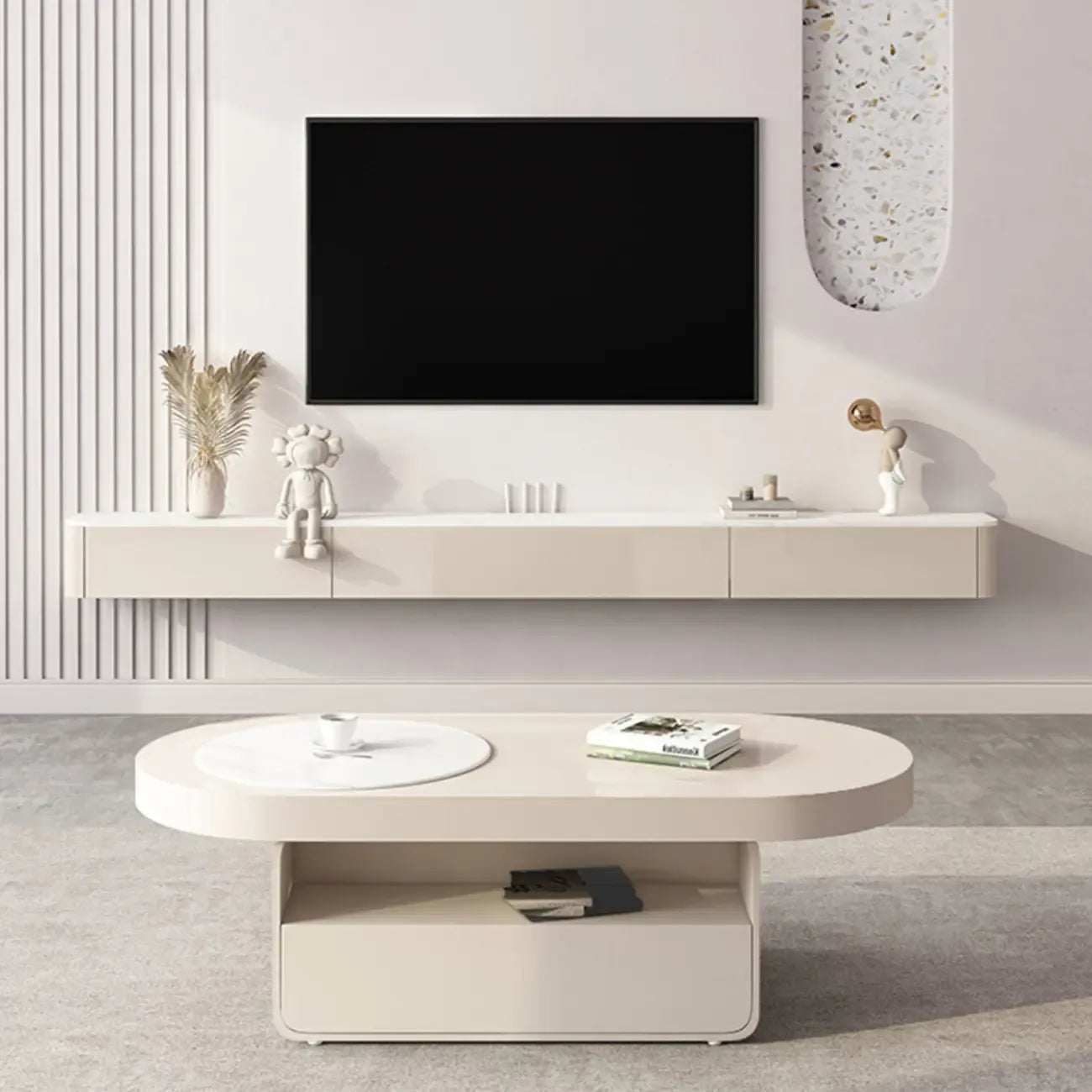Mobile TV galleggiante lungo 71, colore bianco sporco, con gestione cavi in legno