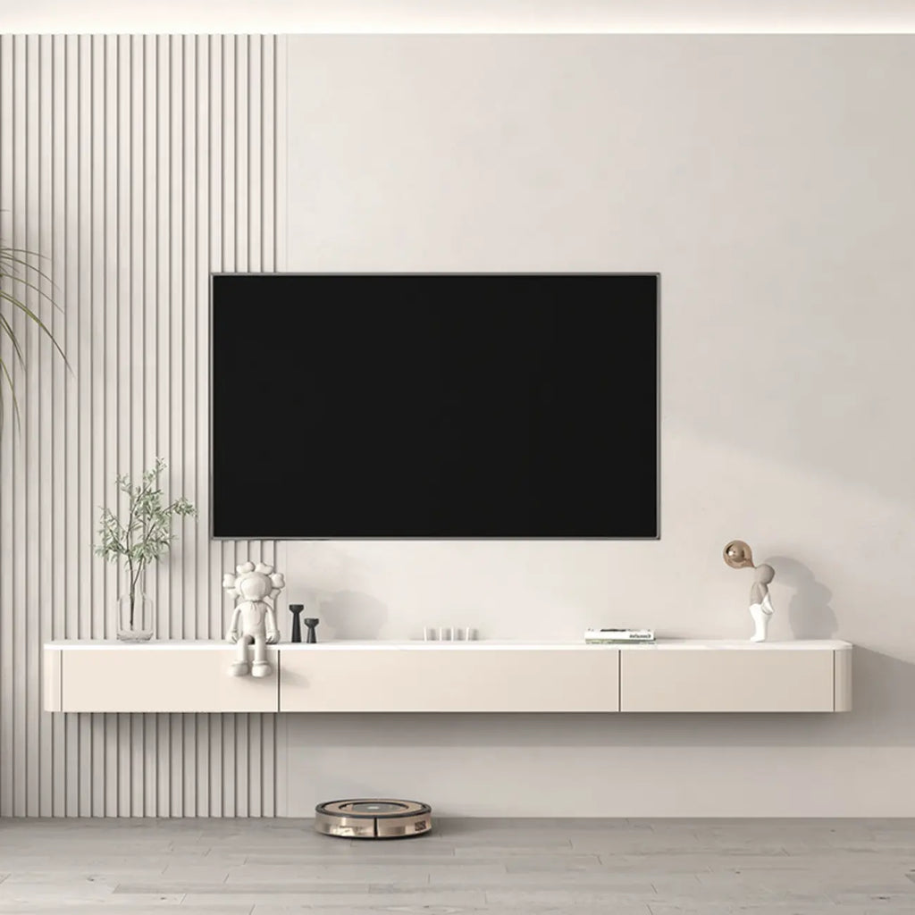 Mobile TV galleggiante lungo 71, colore bianco sporco, con gestione cavi in legno