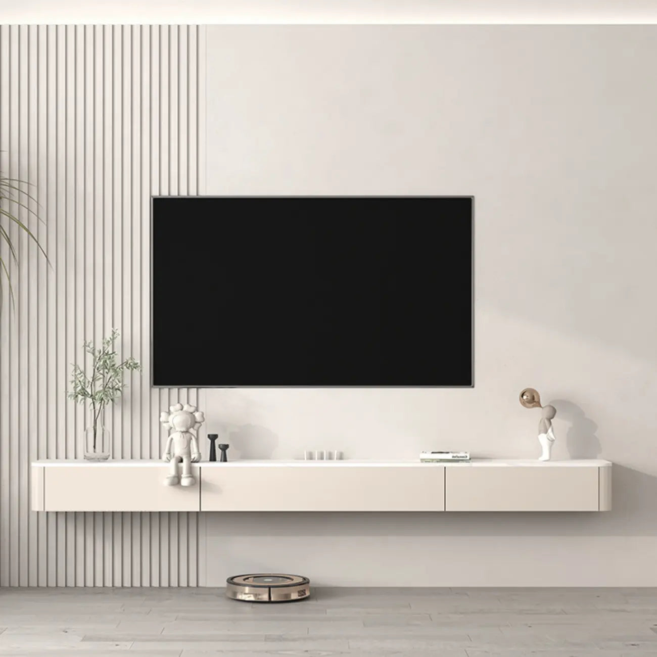 Mobile TV galleggiante lungo 71, colore bianco sporco, con gestione cavi in legno